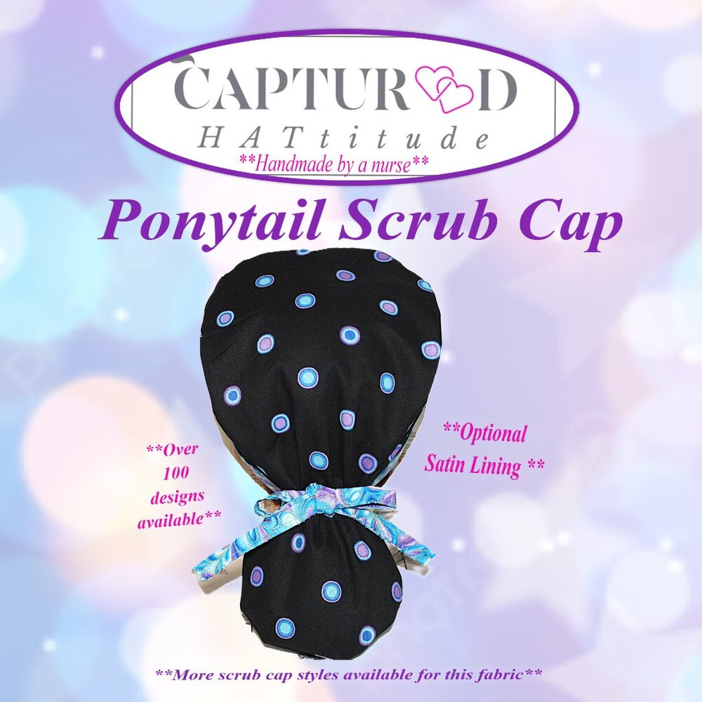 New Womens Polka Dot Ponytail Scrub Cap, Purple Blue Dots on Black
